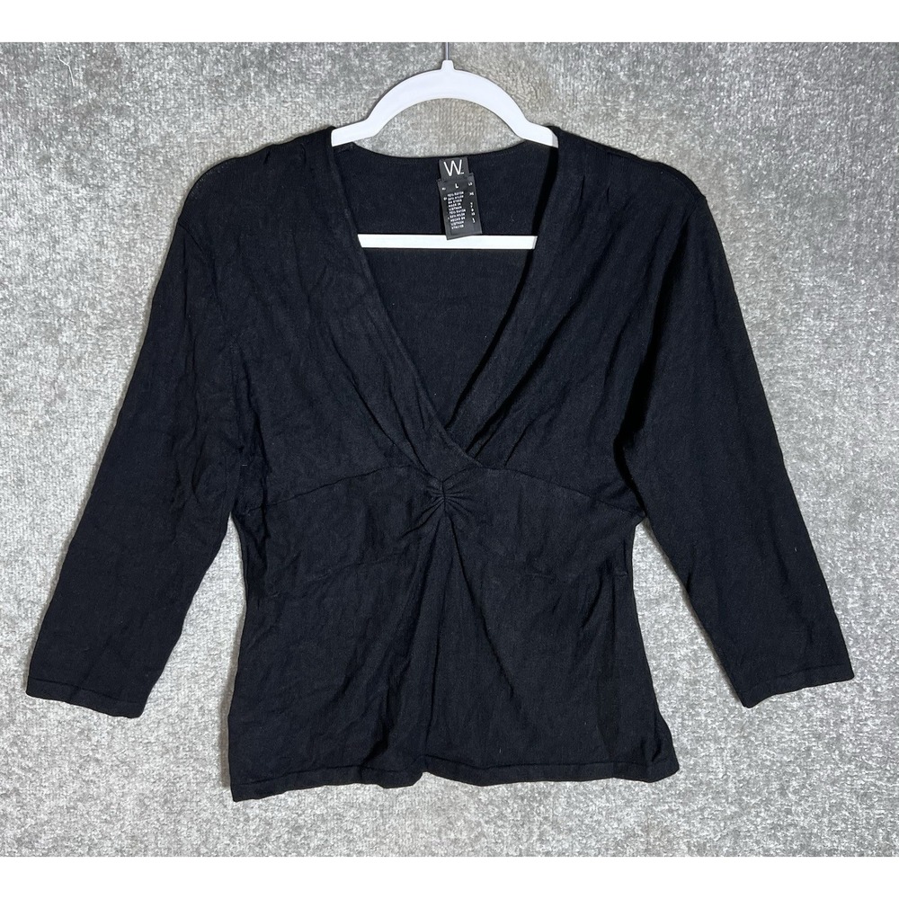 Y2K Babydoll 3/4 Sleeve Knit Top Womens Sz Large Black Center Ruche Whimsigoth